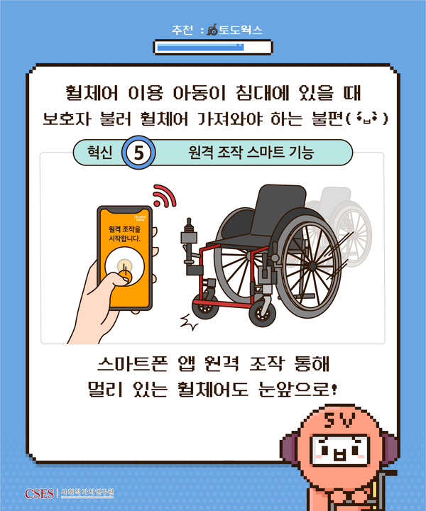 추천: 토도웍스 휠체어 이용 아동이 침대에 있을 때 보호자 불러 휠체어 가져와야 하는 불편  혁신 5. 원격 조작 스마트 기능 원격 조작을 시작합니다. 스마트폰 앱 원격 조작 통해 멀리 있는 휠체어도 눈앞으로!